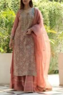Coral Peach Stripe Organza Chikankari Sharara Set