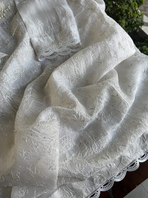 Swan White | Noor Organza Silk Chikankari Straight Cut Kurta Dupatta Set - Image 5