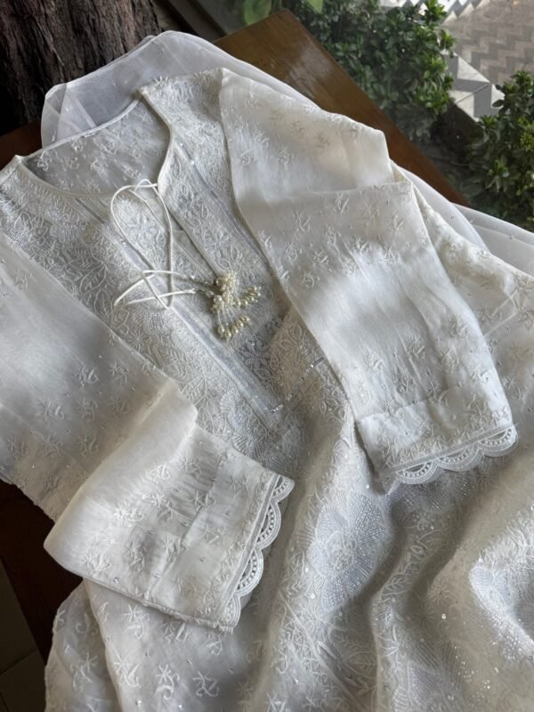 Swan White | Noor Organza Silk Chikankari Straight Cut Kurta Dupatta Set - Image 2
