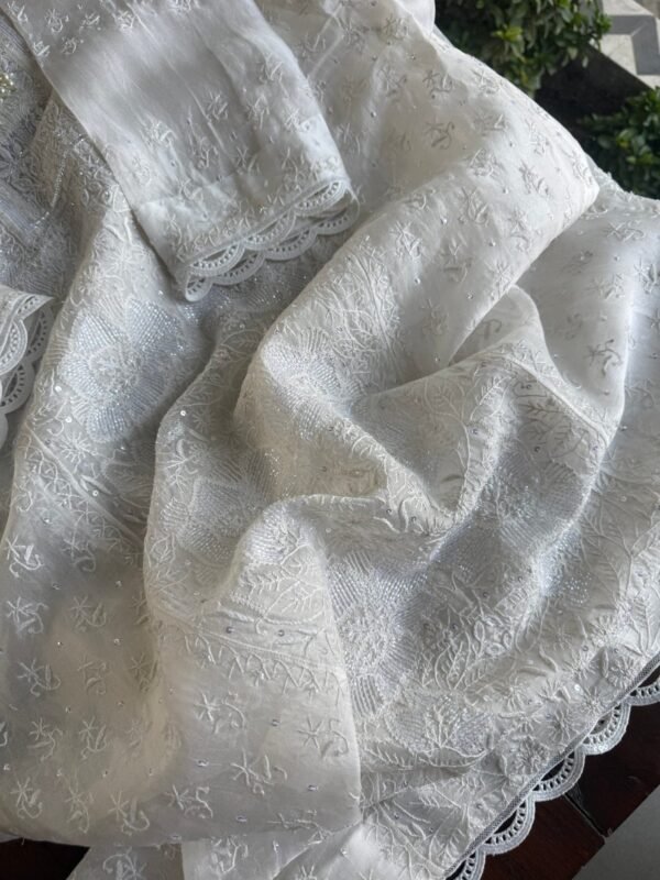 Swan White | Noor Organza Silk Chikankari Straight Cut Kurta Dupatta Set - Image 8