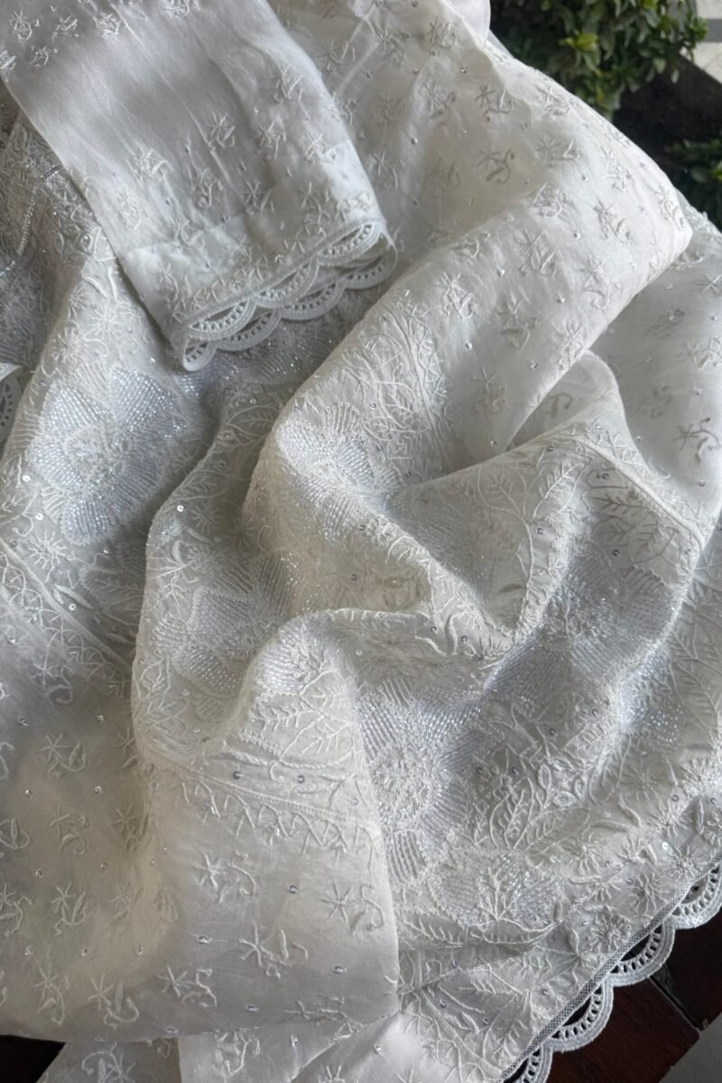 Swan White | Noor Organza Silk Chikankari Straight Cut Kurta Dupatta Set