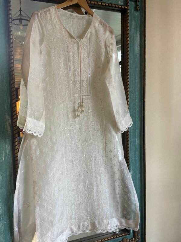 Swan White | Noor Organza Silk Chikankari Straight Cut Kurta Dupatta Set - Image 7