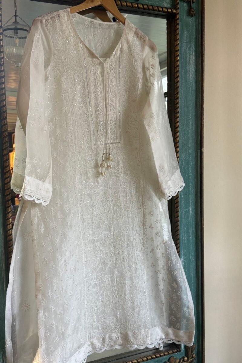 Swan White | Noor Organza Silk Chikankari Straight Cut Kurta Dupatta Set
