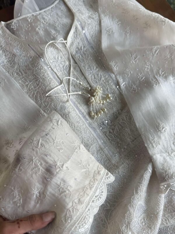 Swan White | Noor Organza Silk Chikankari Straight Cut Kurta Dupatta Set - Image 9