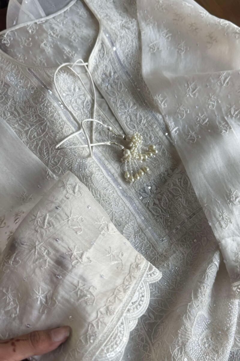 Swan White | Noor Organza Silk Chikankari Straight Cut Kurta Dupatta Set