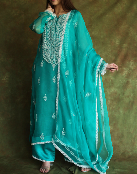Teal Green Mukaish Kamdani Noor Organza Chikankari Kurta Set