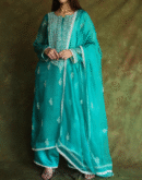 Teal Green Mukaish Kamdani Noor Organza Chikankari Kurta Set