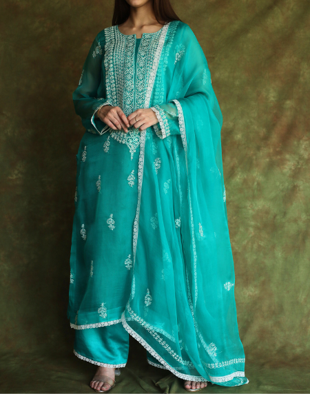 Teal Green Mukaish Kamdani Noor Organza Chikankari Kurta Set