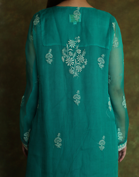 Teal Green Mukaish Kamdani Noor Organza Chikankari Kurta Set