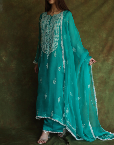 Teal Green Mukaish Kamdani Noor Organza Chikankari Kurta Set