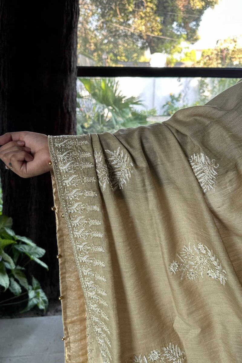 Natural Shade Fine Chikankari Ari Tissue Silk Dupatta