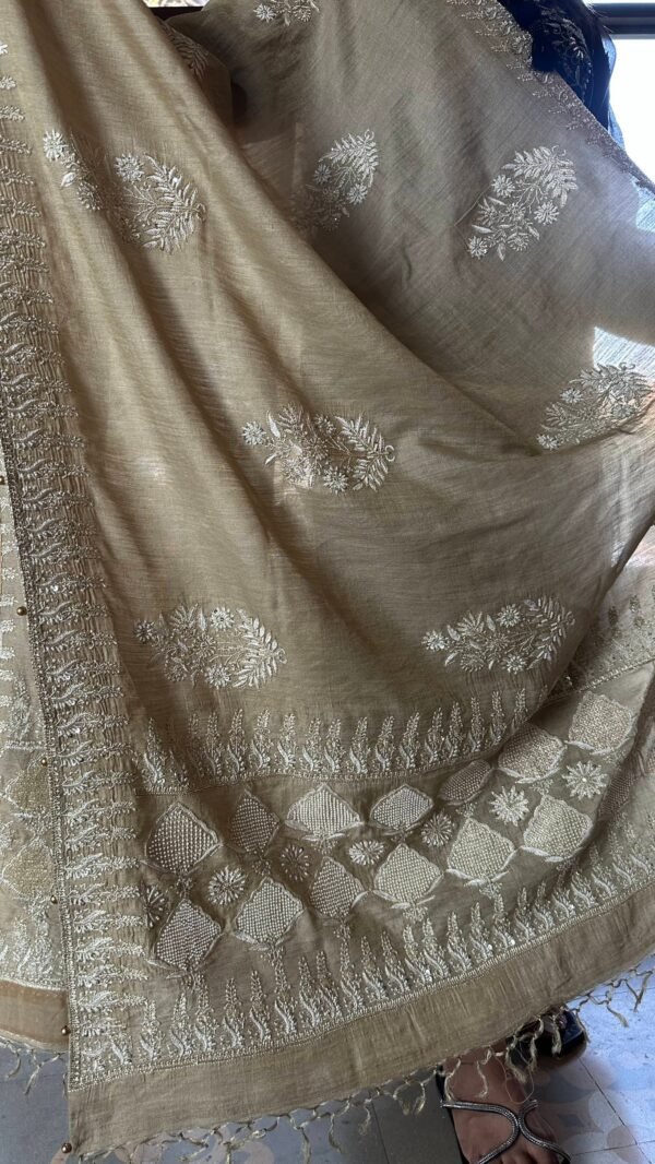 Natural Shade Fine Chikankari Ari Tissue Silk Dupatta - Image 3