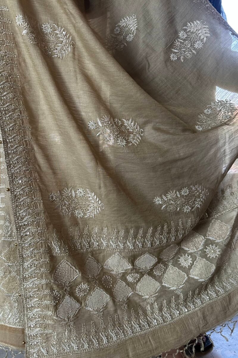 Natural Shade Fine Chikankari Ari Tissue Silk Dupatta