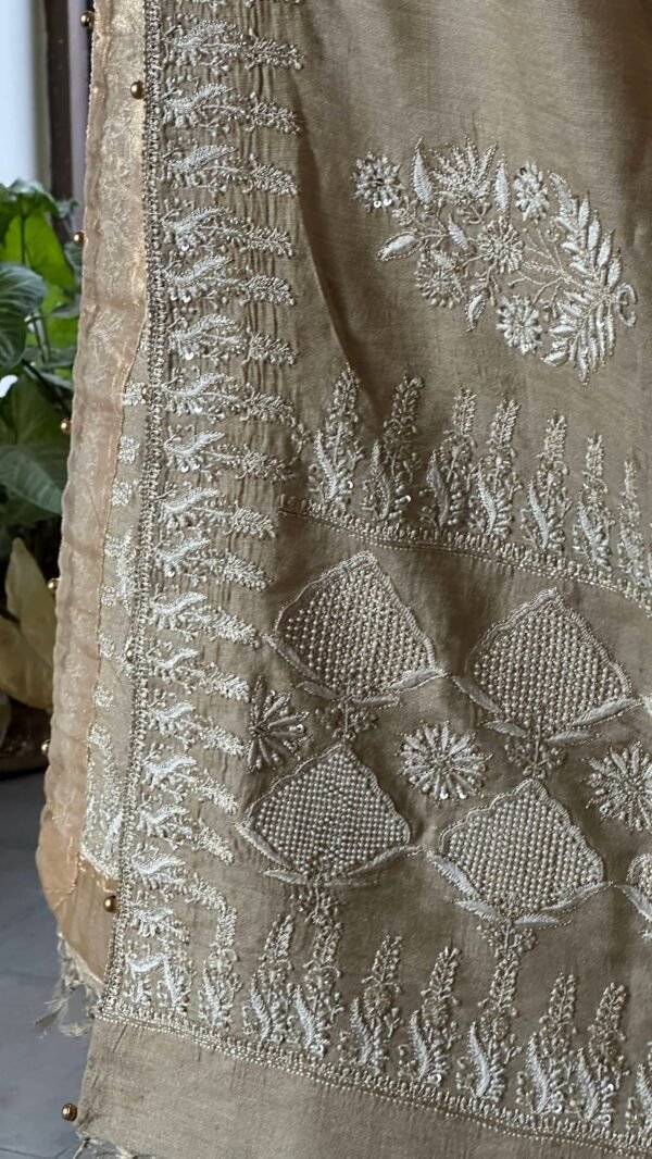 Natural Shade Fine Chikankari Ari Tissue Silk Dupatta - Image 4