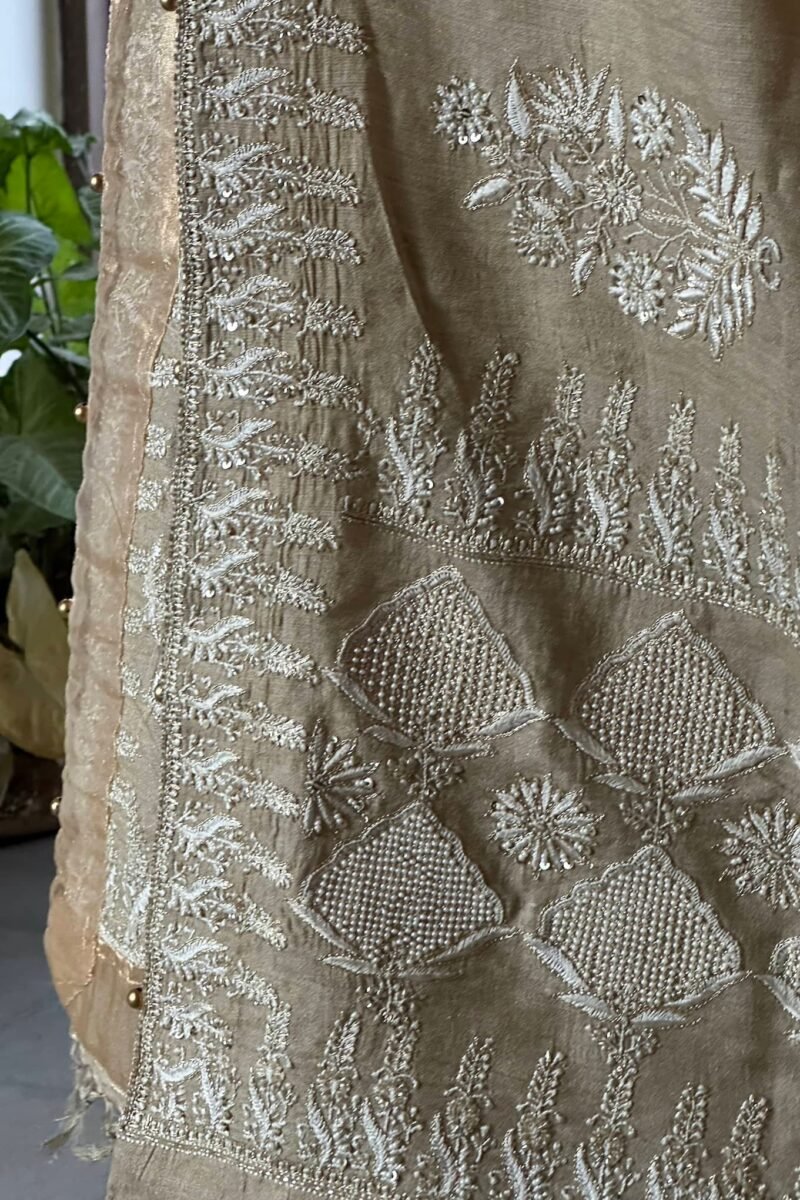 Natural Shade Fine Chikankari Ari Tissue Silk Dupatta