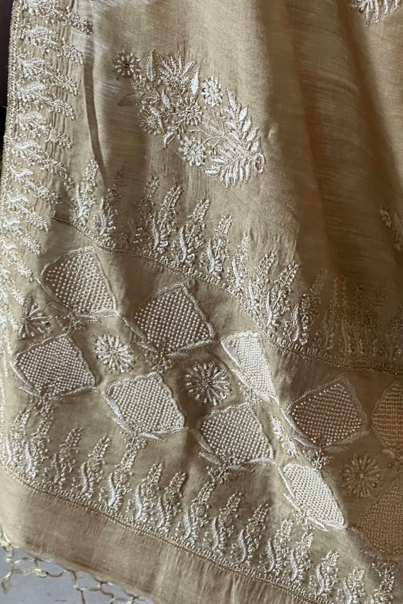 Natural Shade Fine Chikankari Ari Tissue Silk Dupatta
