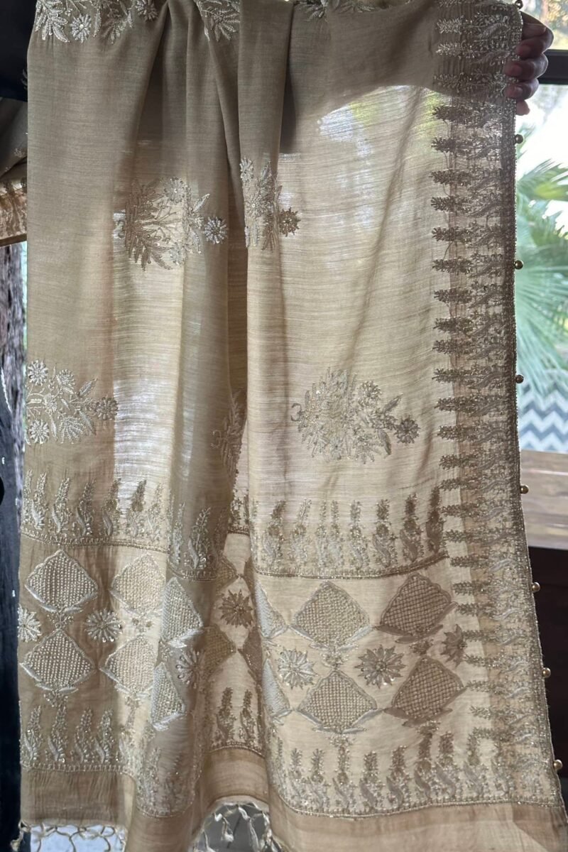 Natural Shade Fine Chikankari Ari Tissue Silk Dupatta