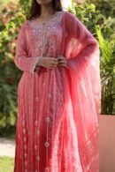 Turkish Rose Shade Noor Organza Chikankari Anarkali With Dupatta