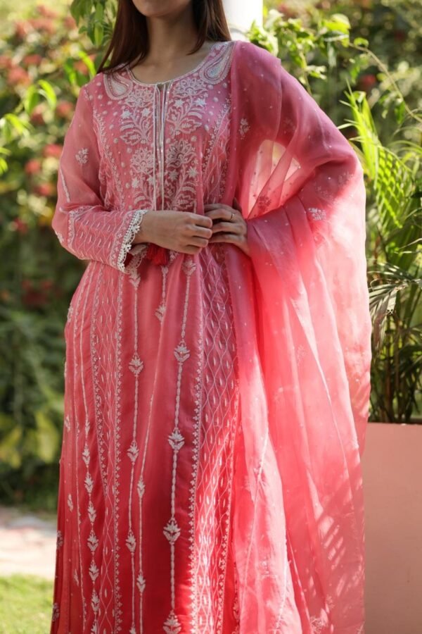 Turkish Rose Shade Noor Organza Chikankari Anarkali With Dupatta - Image 3