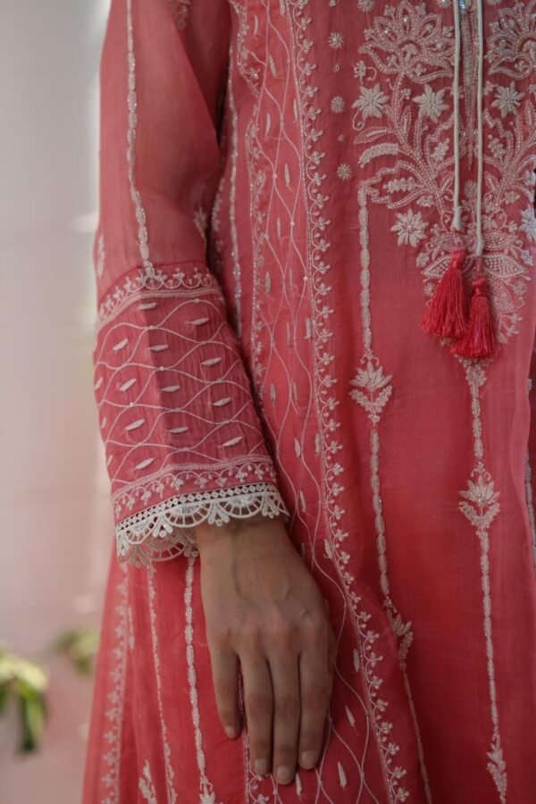Turkish Rose Shade Noor Organza Chikankari Anarkali With Dupatta - Image 12