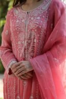 Turkish Rose Shade Noor Organza Chikankari Anarkali With Dupatta