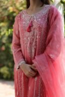 Turkish Rose Shade Noor Organza Chikankari Anarkali With Dupatta