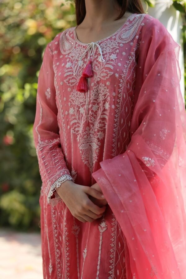 Turkish Rose Shade Noor Organza Chikankari Anarkali With Dupatta - Image 5