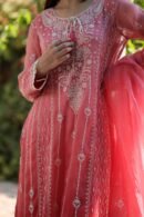 Turkish Rose Shade Noor Organza Chikankari Anarkali With Dupatta