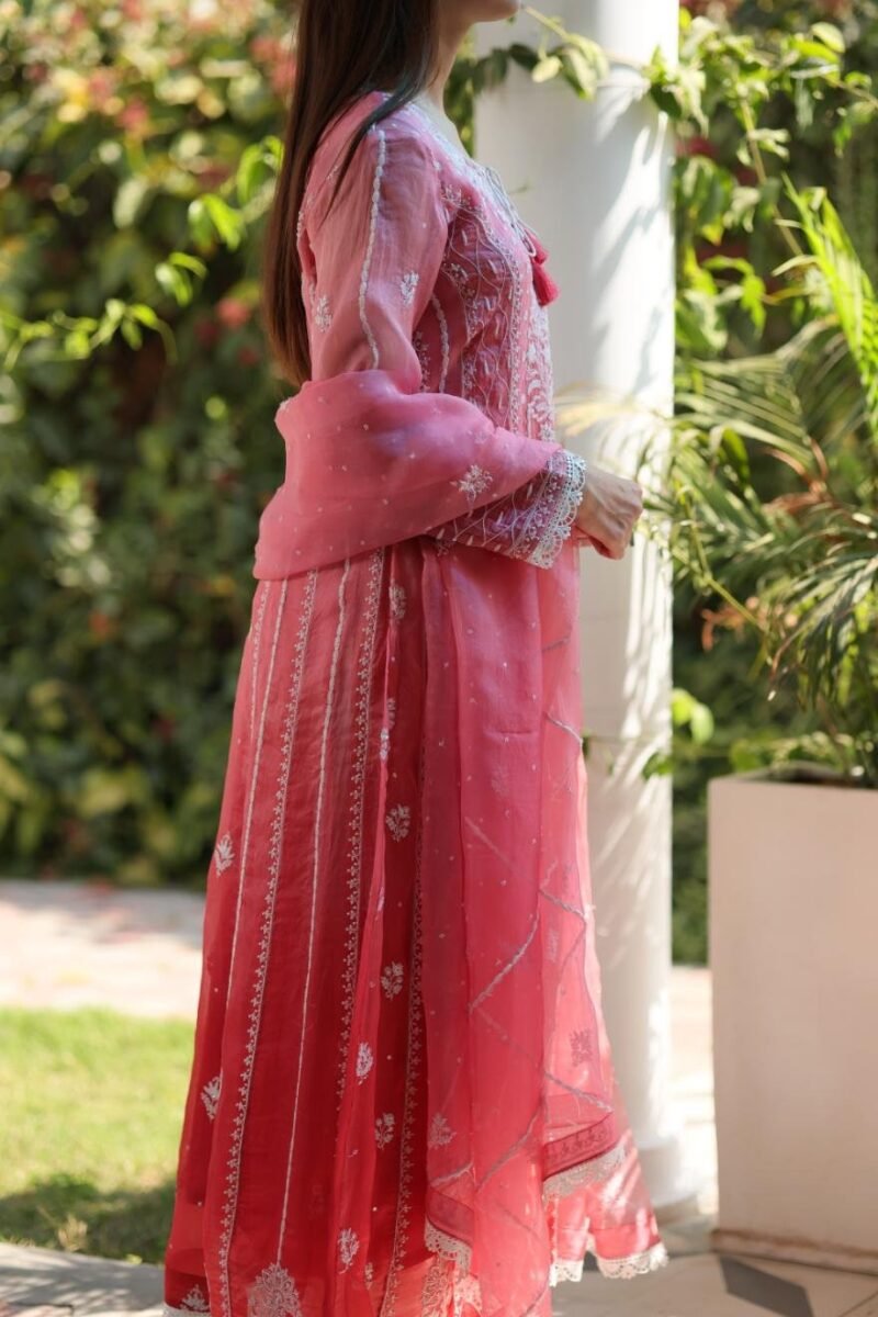 Turkish Rose Shade Noor Organza Chikankari Anarkali With Dupatta