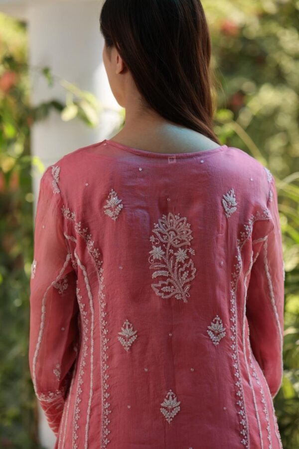Turkish Rose Shade Noor Organza Chikankari Anarkali With Dupatta - Image 9