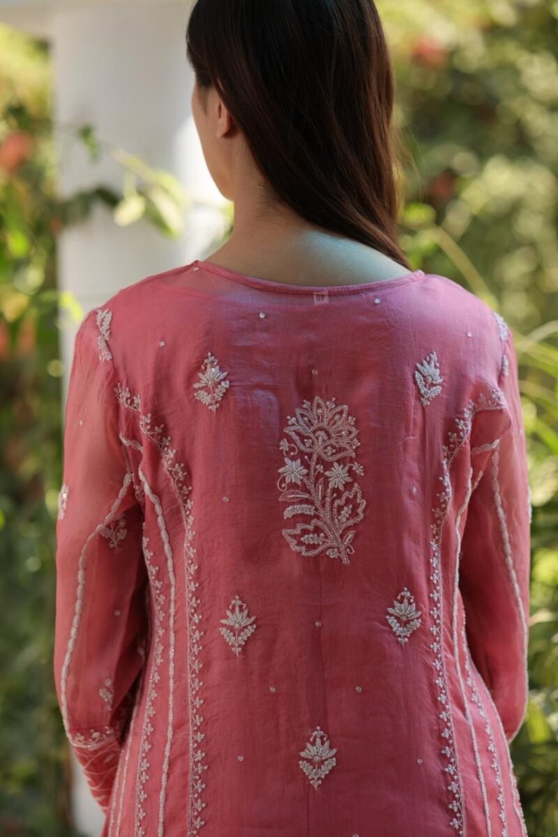 Turkish Rose Shade Noor Organza Chikankari Anarkali With Dupatta