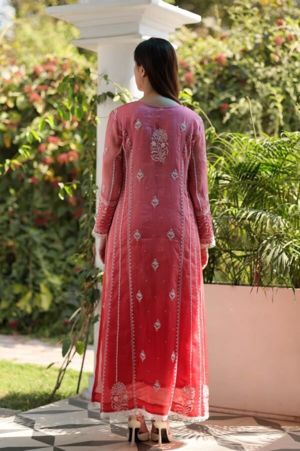 Turkish Rose Shade Noor Organza Chikankari Anarkali With Dupatta - Image 10