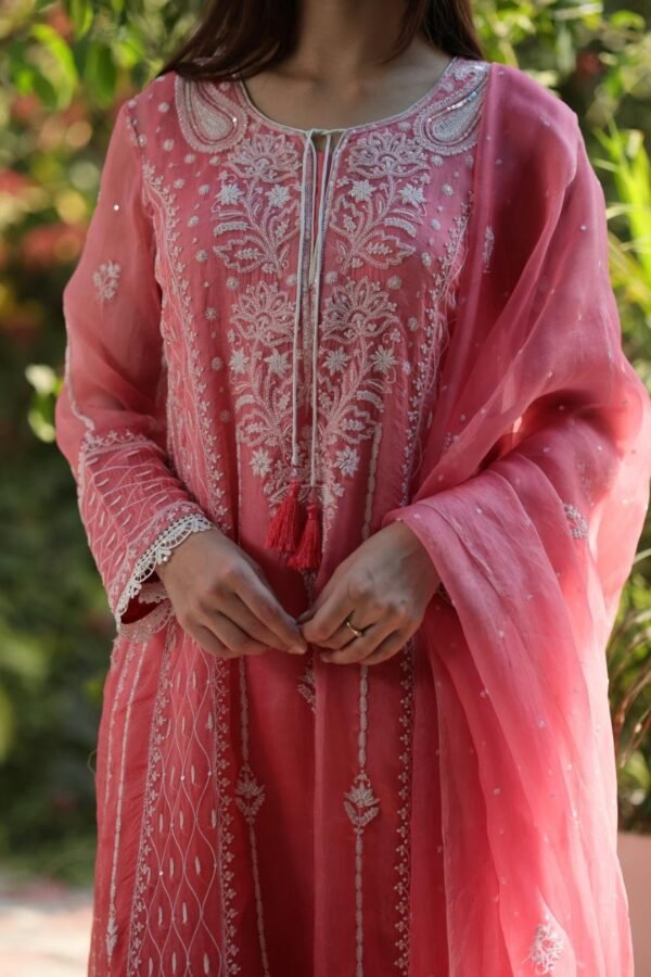 Turkish Rose Shade Noor Organza Chikankari Anarkali With Dupatta