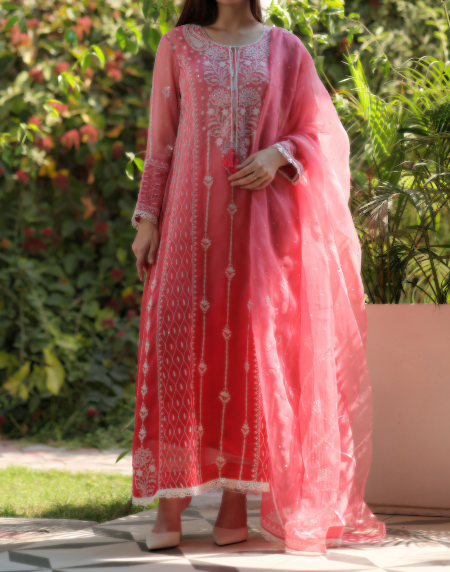 Turkish Rose Shade Noor Organza Chikankari Anarkali With Dupatta