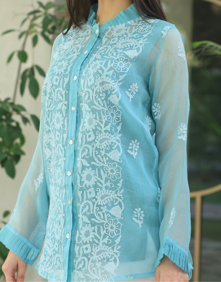 Noor Organza Chikankari Frill Collar Ready To Wear Short Top