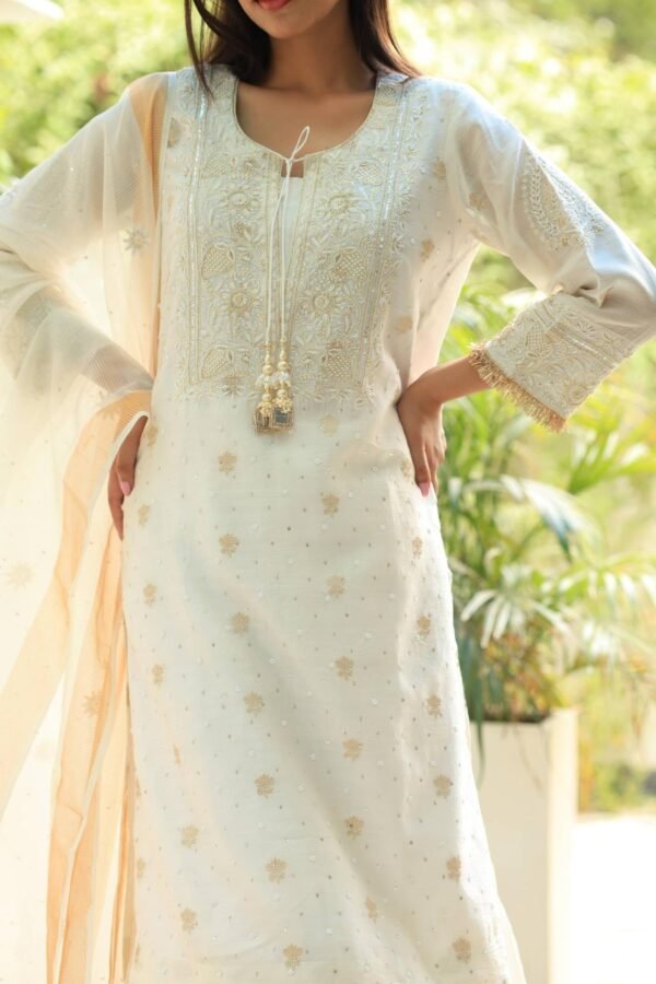 White Banarasi Zari Chanderi Chikankari Sharara Set - Image 6