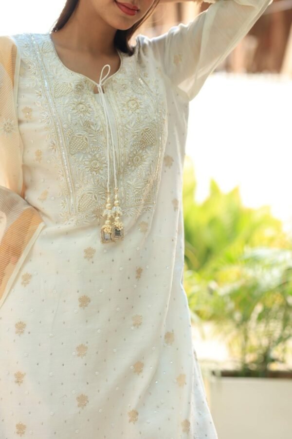 White Banarasi Zari Chanderi Chikankari Sharara Set - Image 8