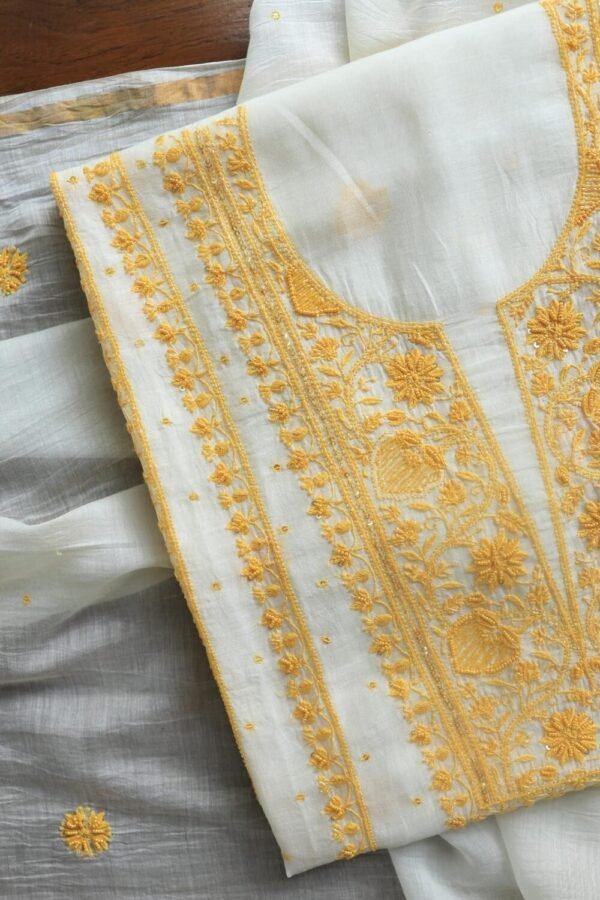 White & Yellow Mal Chanderi Silk Chikankari With Sequins Unstitched Kurta Dupatta Set - Image 4