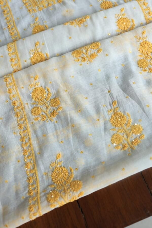 White & Yellow Mal Chanderi Silk Chikankari With Sequins Unstitched Kurta Dupatta Set - Image 13