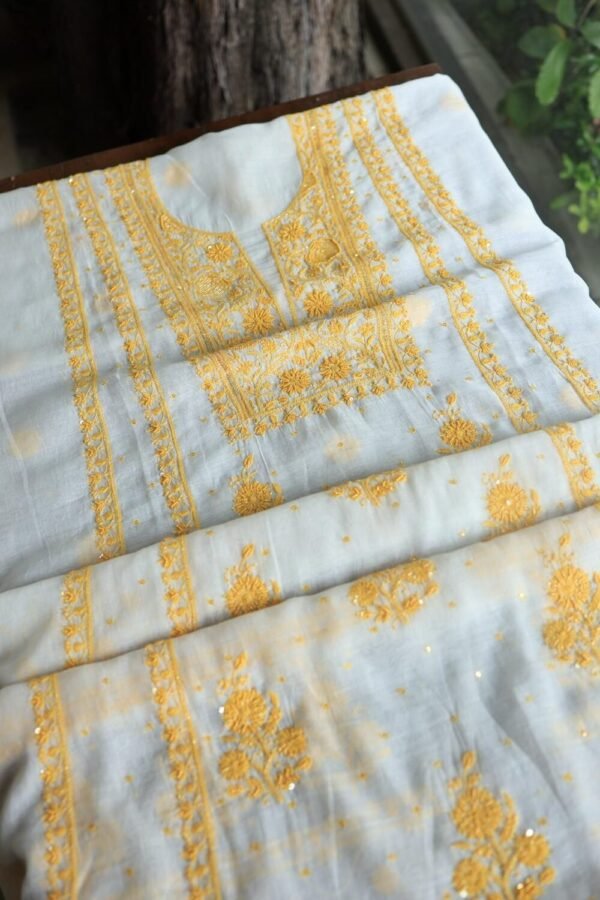 White & Yellow Mal Chanderi Silk Chikankari With Sequins Unstitched Kurta Dupatta Set - Image 14