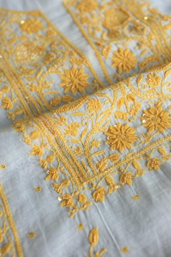 White & Yellow Mal Chanderi Silk Chikankari With Sequins Unstitched Kurta Dupatta Set - Image 15