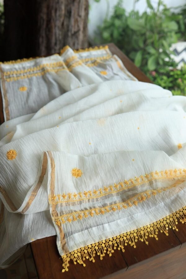 White & Yellow Mal Chanderi Silk Chikankari With Sequins Unstitched Kurta Dupatta Set - Image 16