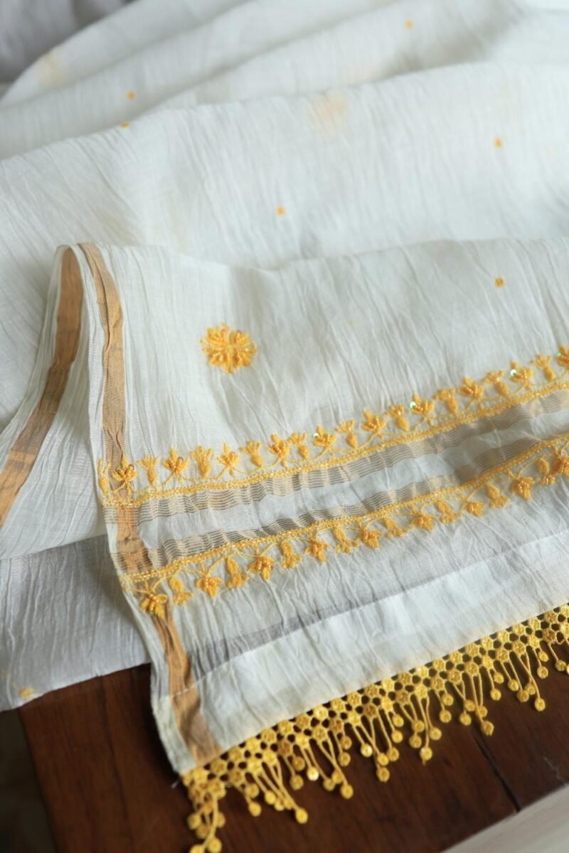 White & Yellow Mal Chanderi Silk Chikankari With Sequins Unstitched Kurta Dupatta Set