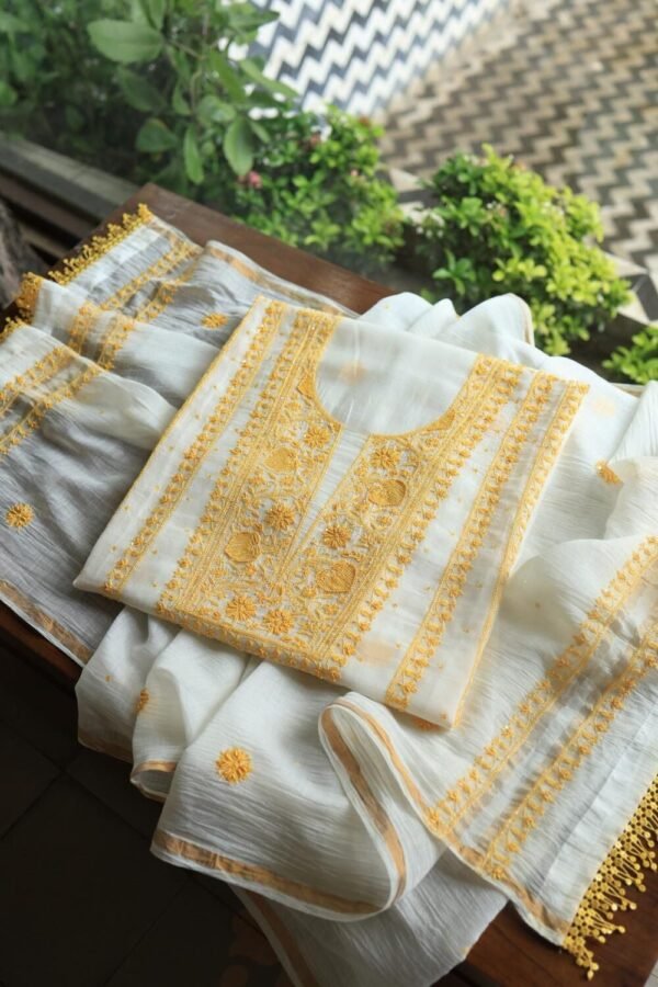 White & Yellow Mal Chanderi Silk Chikankari With Sequins Unstitched Kurta Dupatta Set - Image 8