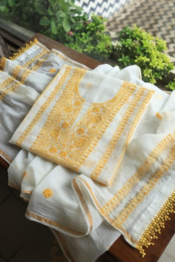 White & Yellow Mal Chanderi Silk Chikankari With Sequins Unstitched Kurta Dupatta Set - Image 5