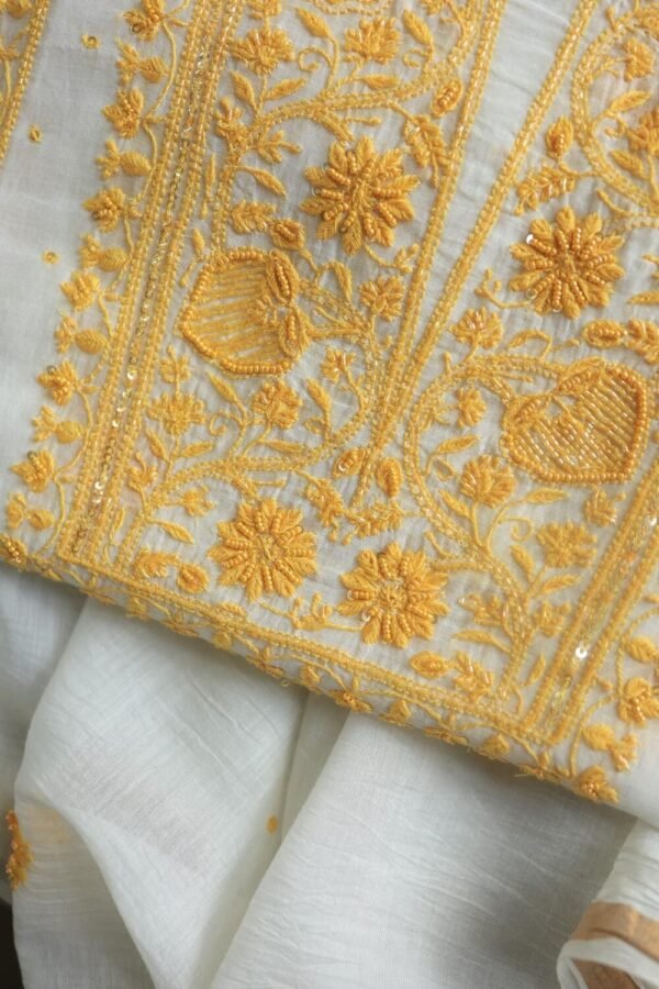 White & Yellow Mal Chanderi Silk Chikankari With Sequins Unstitched Kurta Dupatta Set - Image 2