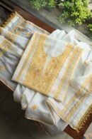 White & Yellow Mal Chanderi Silk Chikankari With Sequins Unstitched Kurta Dupatta Set
