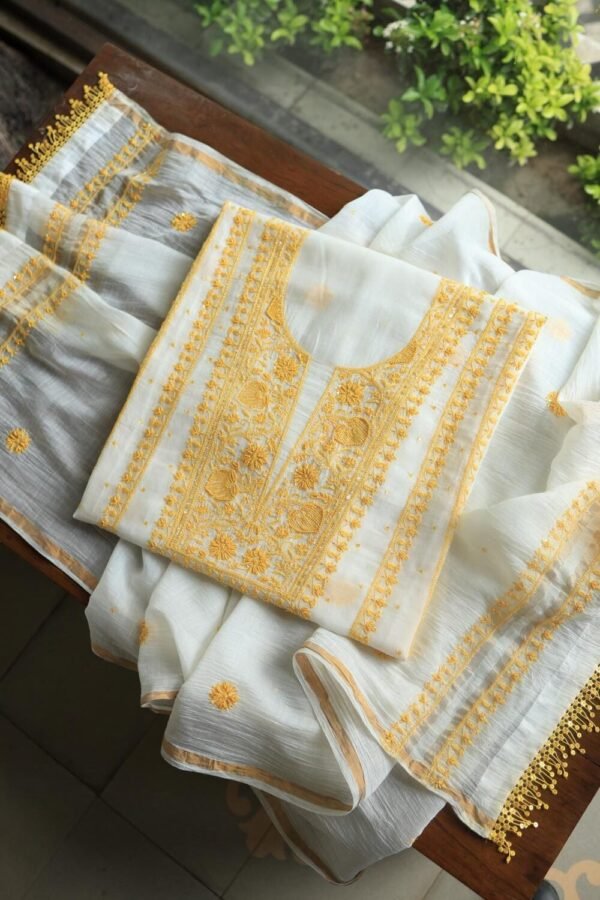White & Yellow Mal Chanderi Silk Chikankari With Sequins Unstitched Kurta Dupatta Set - Image 6