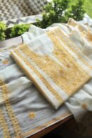 White & Yellow Mal Chanderi Silk Chikankari With Sequins Unstitched Kurta Dupatta Set