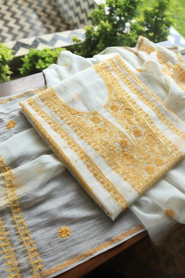 White & Yellow Mal Chanderi Silk Chikankari With Sequins Unstitched Kurta Dupatta Set - Image 7